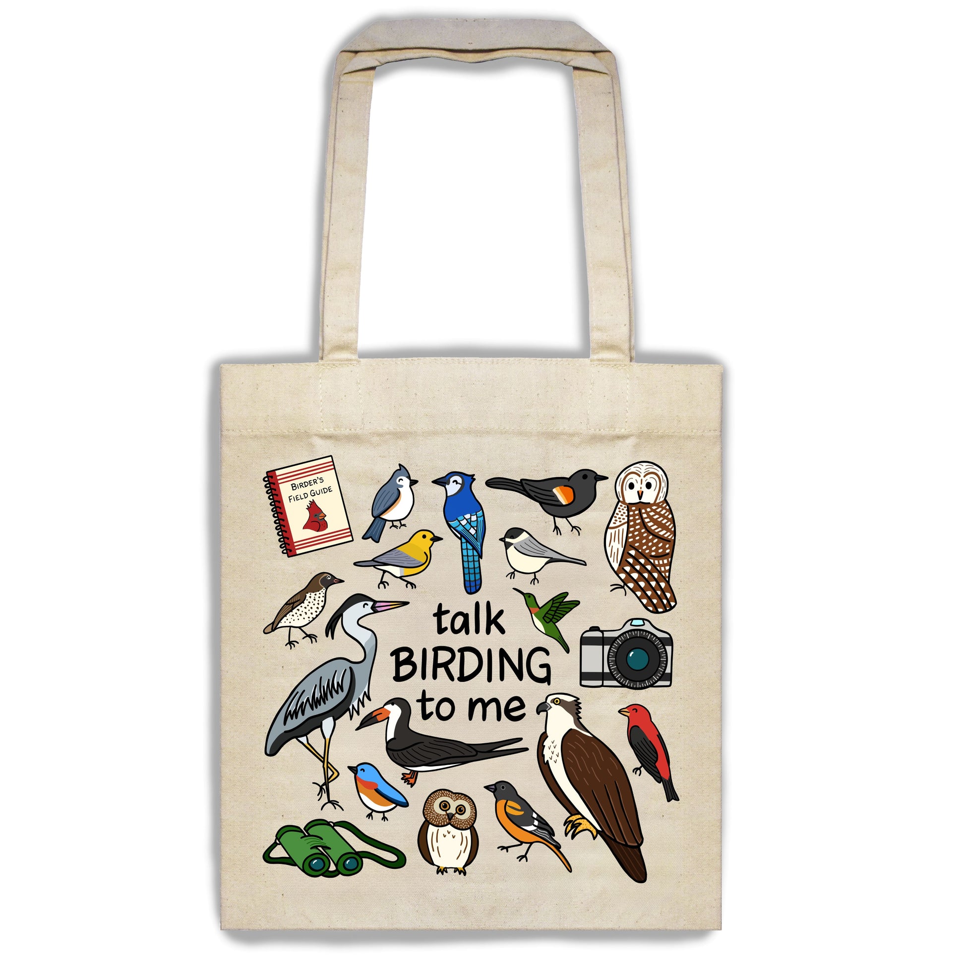 Tote bag with bird illustrations and 'talk birding to me' text on a white background