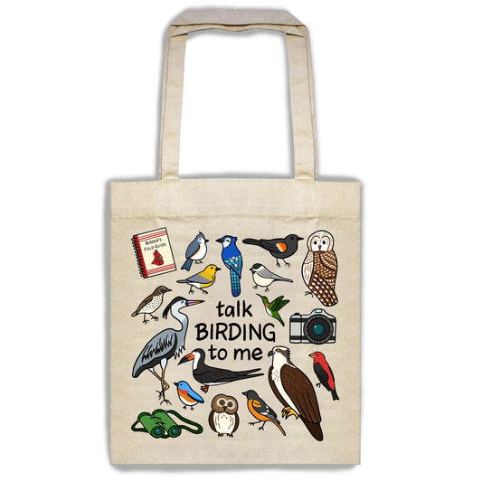 Tote bag with bird illustrations and 'talk birding to me' text on a white background